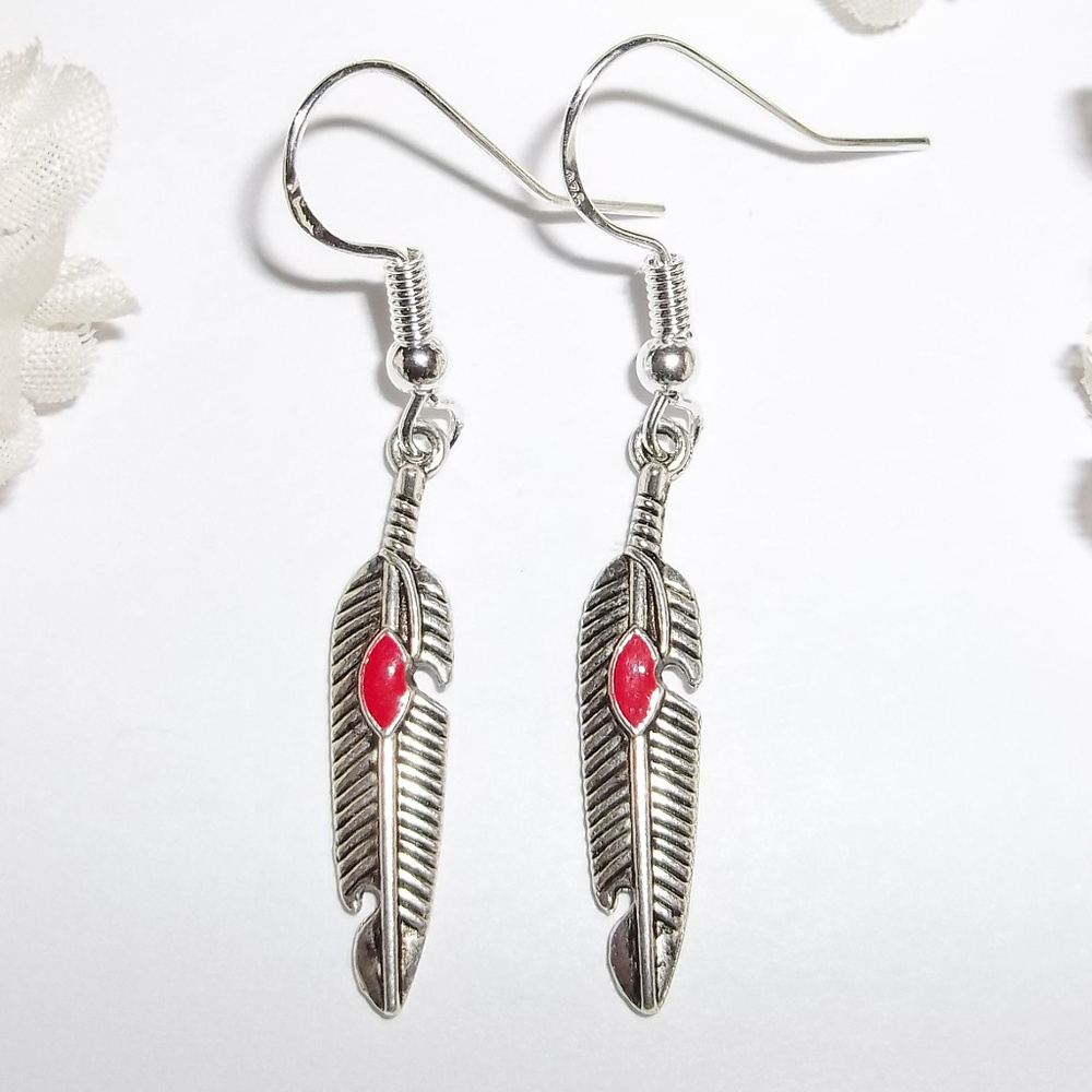 Silver & Red Earrings Southwestern Feather 4308 - Picture 1 of 6